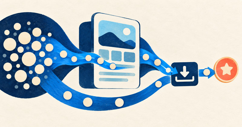 A branching blue path connects impression circles, a product page, a download tray, and a purchase coin, with a direct route around the page.