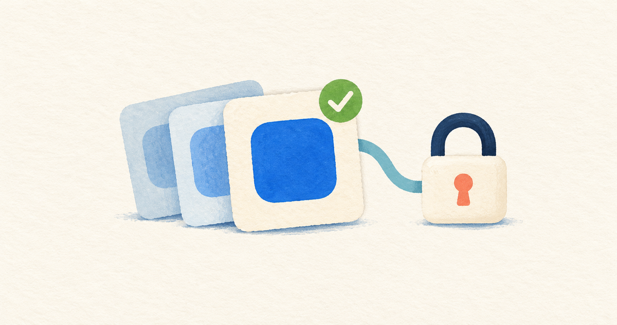 A selected app build marked with a green check, connected to a padlock representing its encryption declaration.