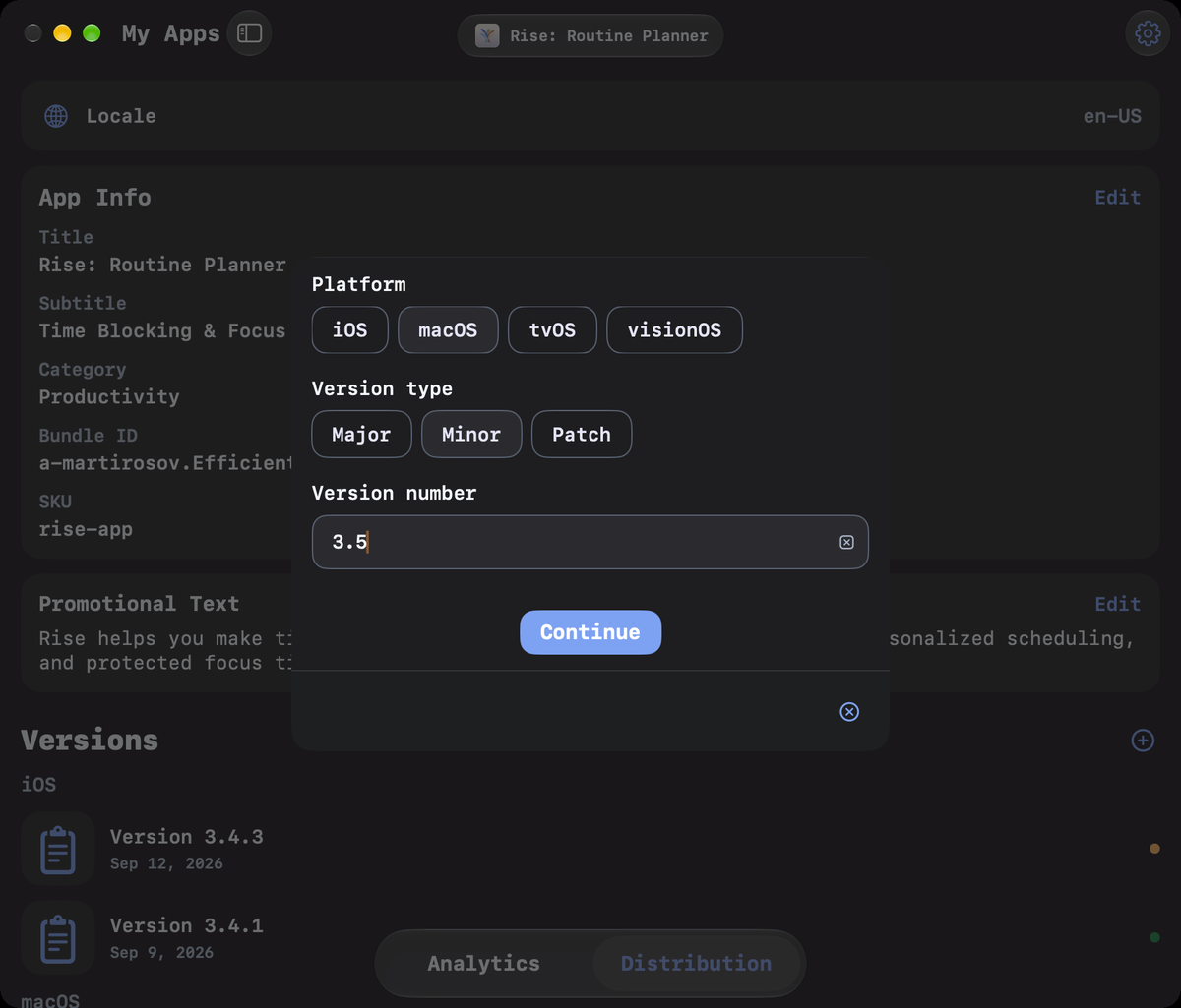 Flux’s new version dialog with macOS, Minor, and version number 3.5 selected, above the Continue button.