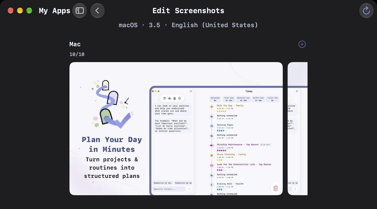 Flux’s Edit Screenshots screen for macOS version 3.5 in English, showing the Mac screenshot group and an add button.