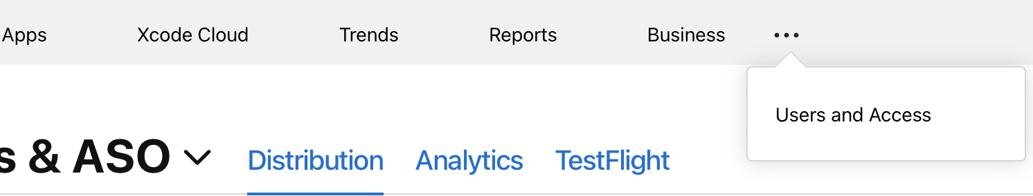 App Store Connect’s three-dot navigation menu with Users and Access visible.